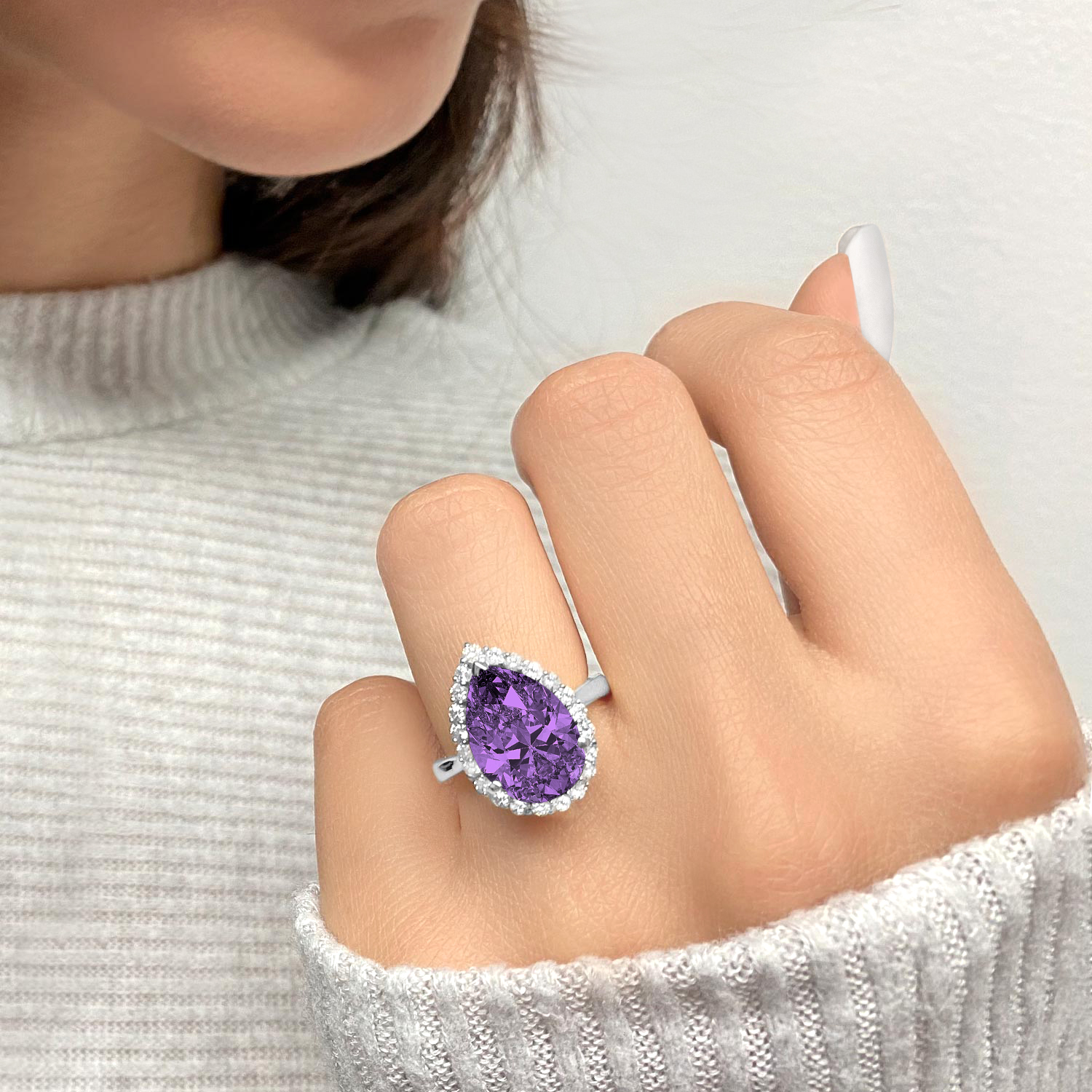 Pear Cut Halo Amethyst & Diamond Engagement Ring 14K White Gold 5.44ct