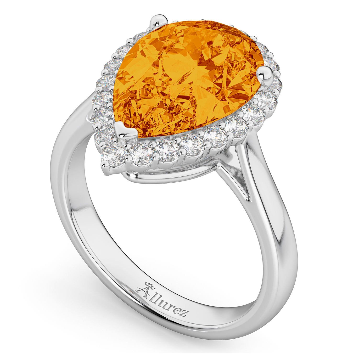 Pear Cut Halo Citrine & Diamond Engagement Ring 14K White Gold 5.44ct