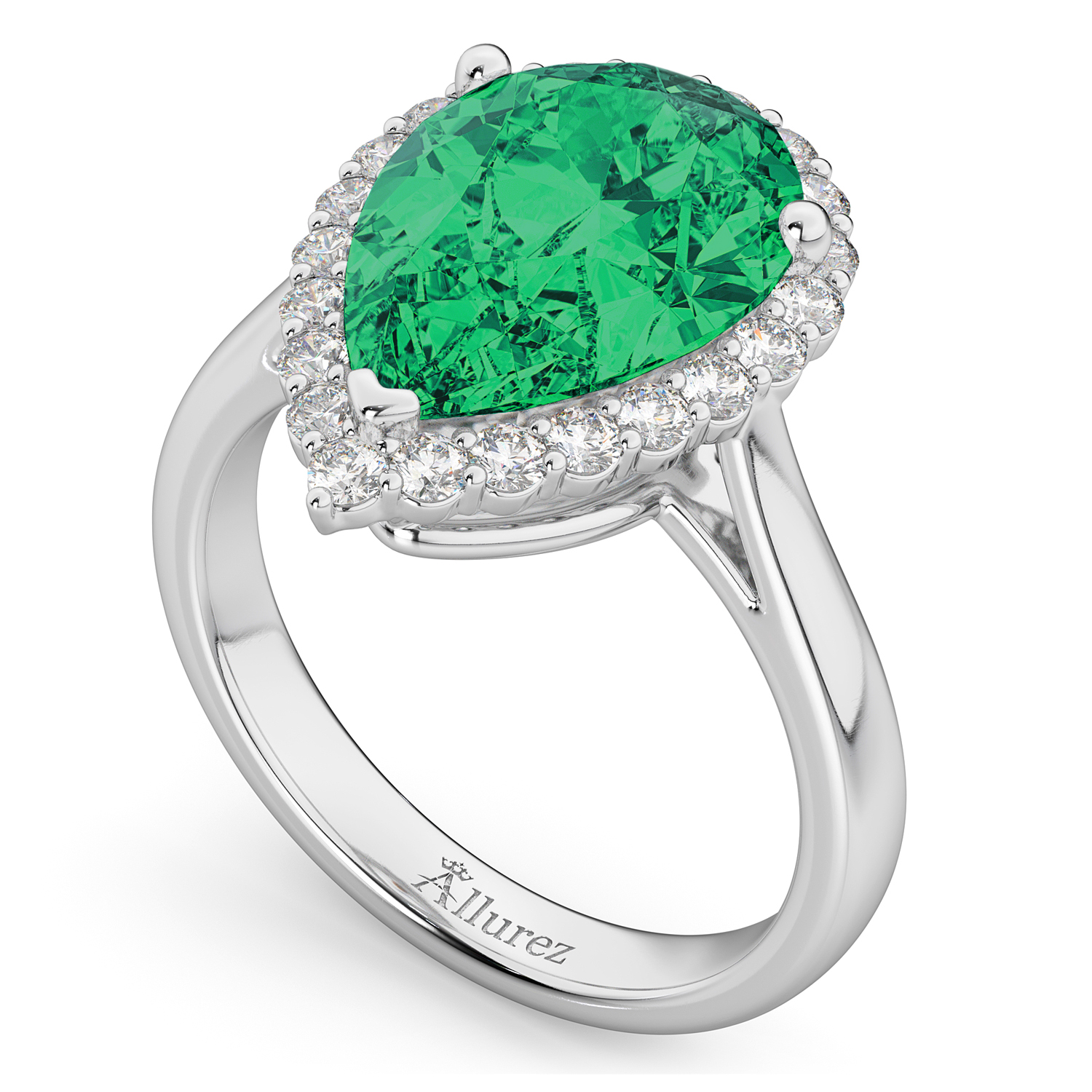 Pear Cut Halo Emerald & Diamond Engagement Ring 14K White Gold 6.54ct