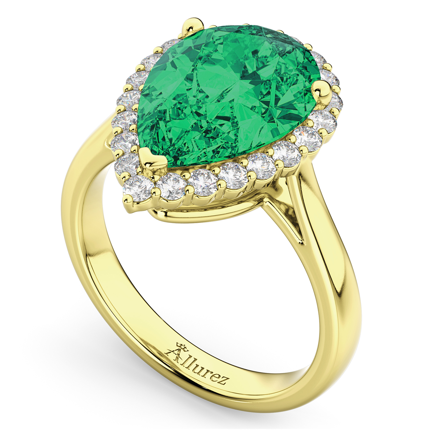 Pear Cut Halo Emerald & Diamond Engagement Ring 14K Yellow Gold 6.54ct