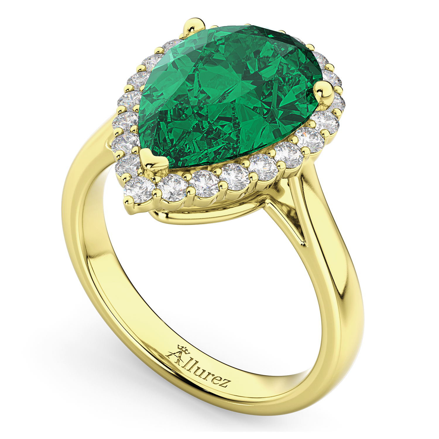 Pear Cut Halo Lab Emerald & Diamond Engagement Ring 14K Yellow Gold 6.54ct