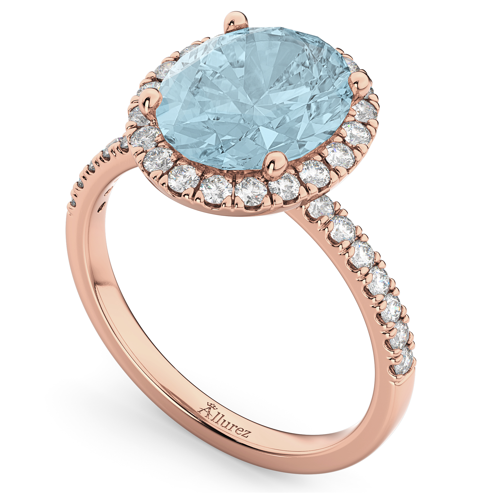 Oval Cut Halo Aquamarine & Diamond Engagement Ring 14K Rose Gold 2.76ct