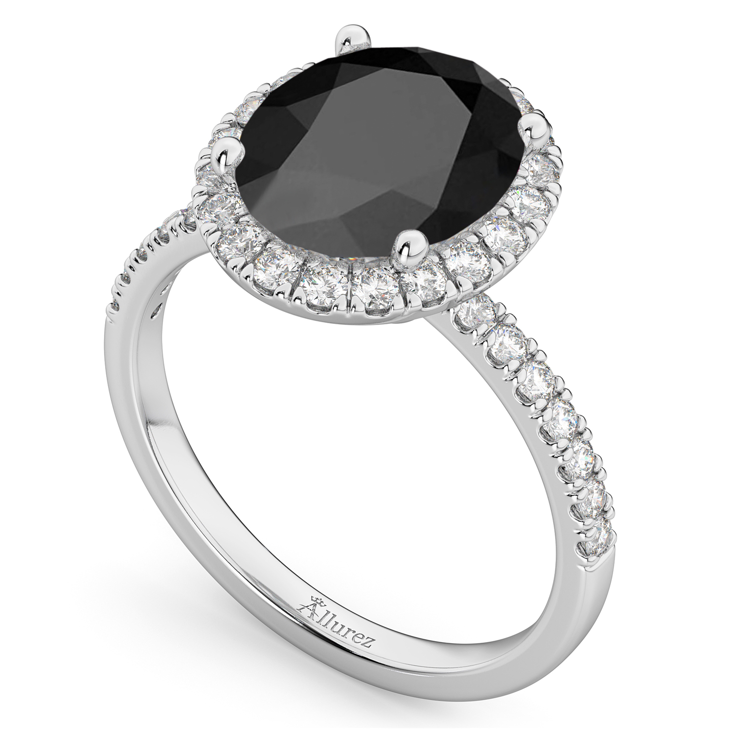 Oval Cut Halo Black Onyx & Diamond Engagement Ring 14K White Gold 2.91ct