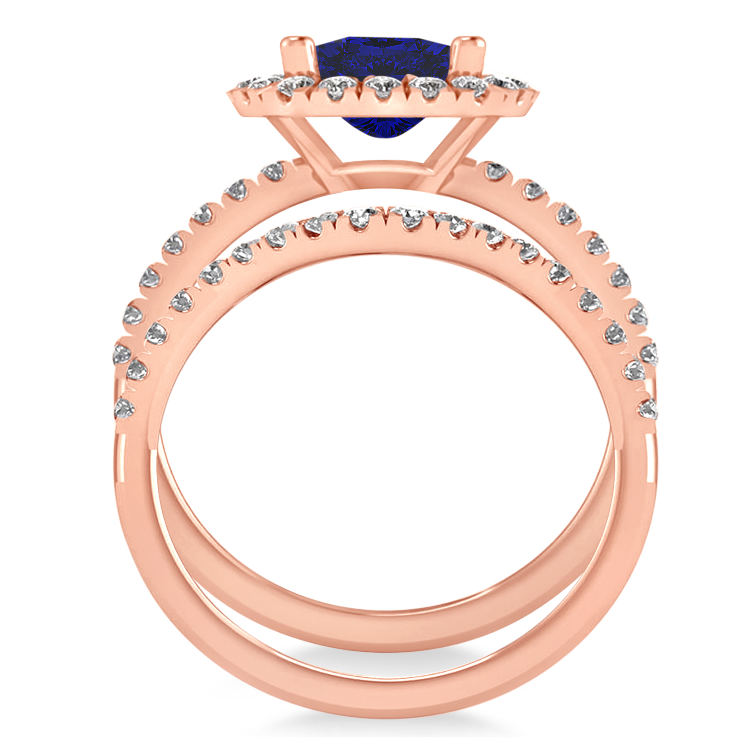 Blue Sapphire & Diamonds Cushion-Cut Halo Bridal Set 14K Rose Gold (3.38ct)