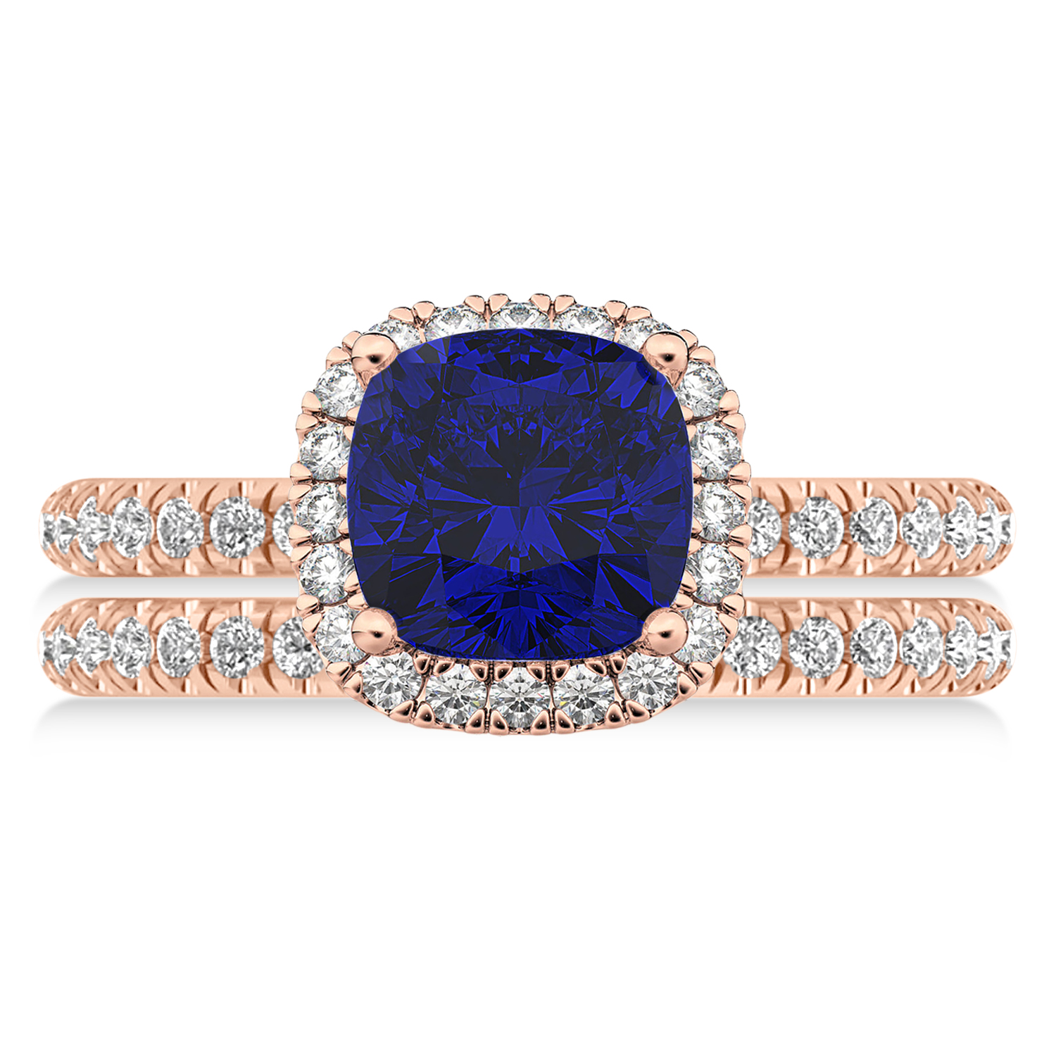 Blue Sapphire & Diamonds Cushion-Cut Halo Bridal Set 14K Rose Gold (3.38ct)