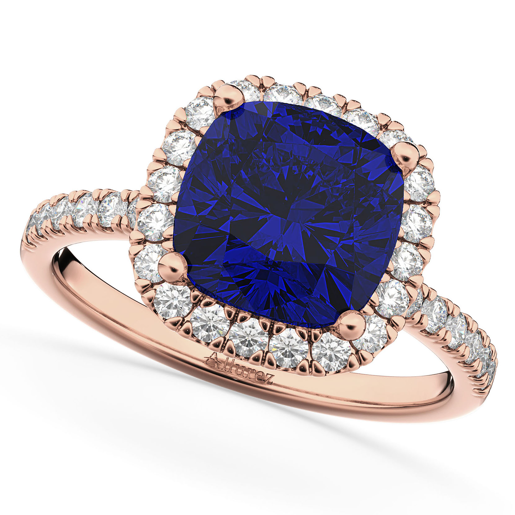 Blue Sapphire & Diamonds Cushion-Cut Halo Bridal Set 14K Rose Gold (3.38ct)