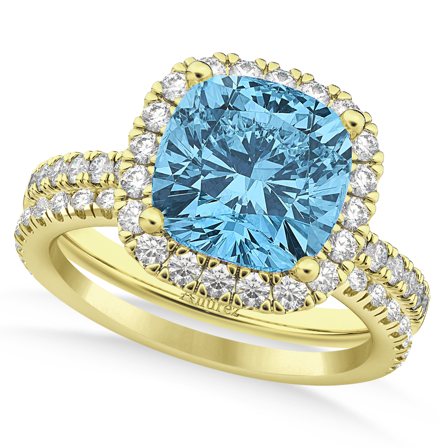 Blue Topaz & Diamonds Cushion-Cut Halo Bridal Set 14K Yellow Gold (3.38ct)