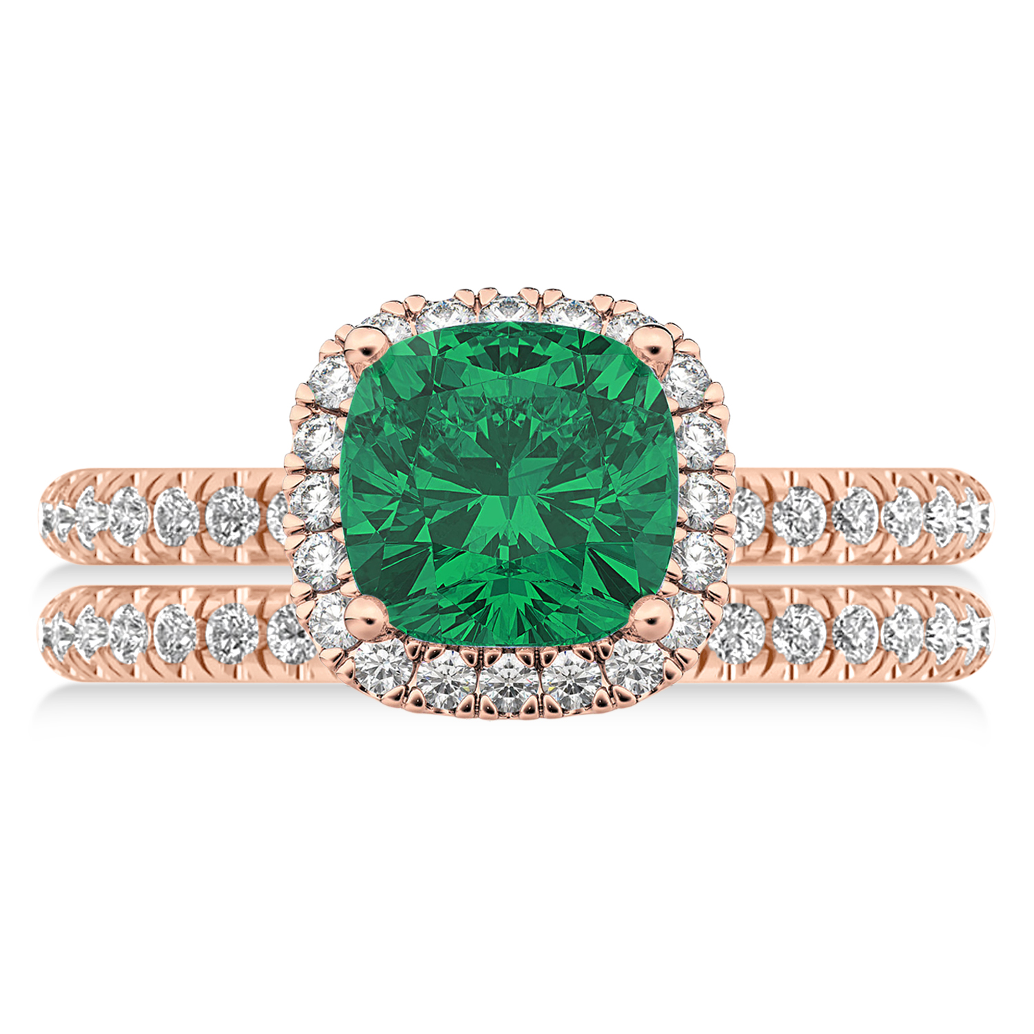 Emerald & Diamonds Cushion-Cut Halo Bridal Set 14K Rose Gold (3.38ct)