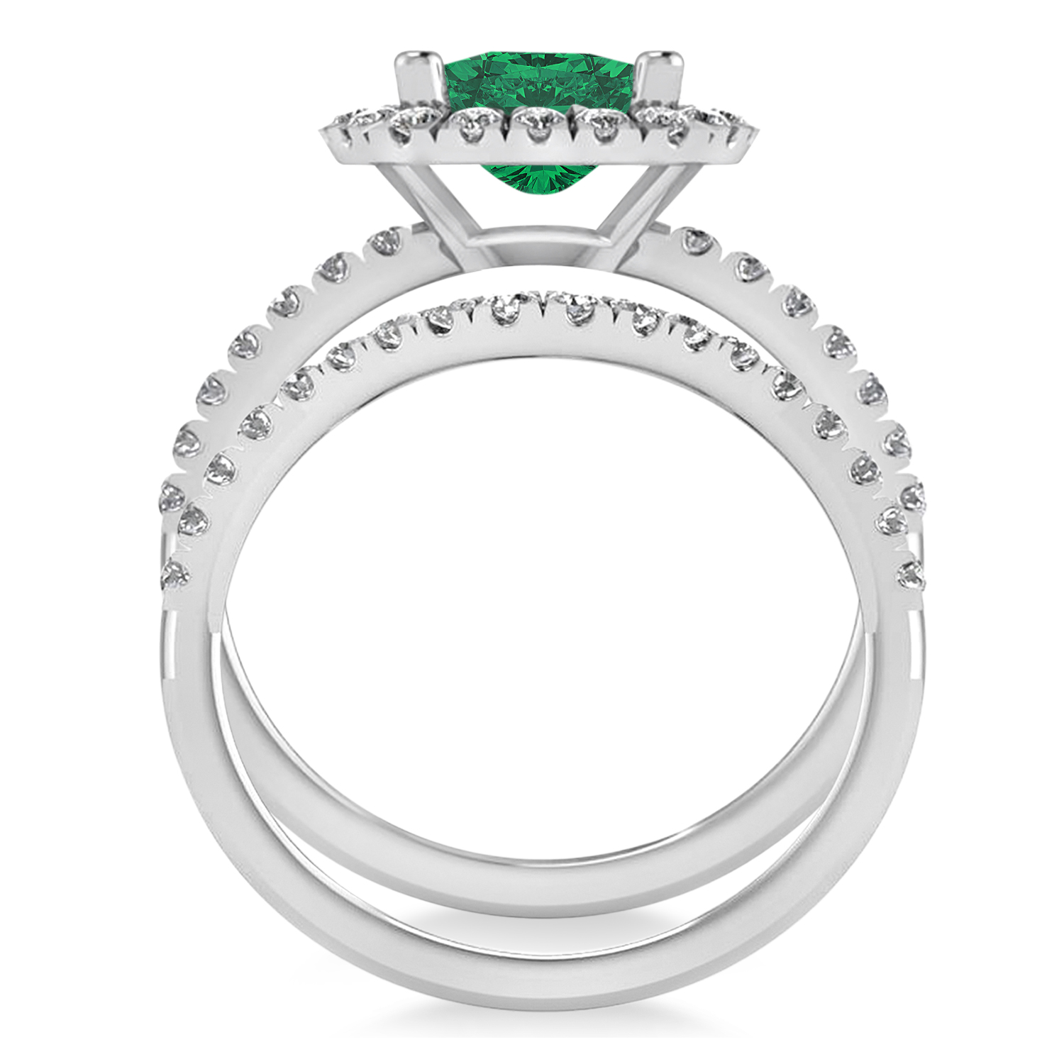 Emerald & Diamonds Cushion-Cut Halo Bridal Set 14K White Gold (3.38ct)
