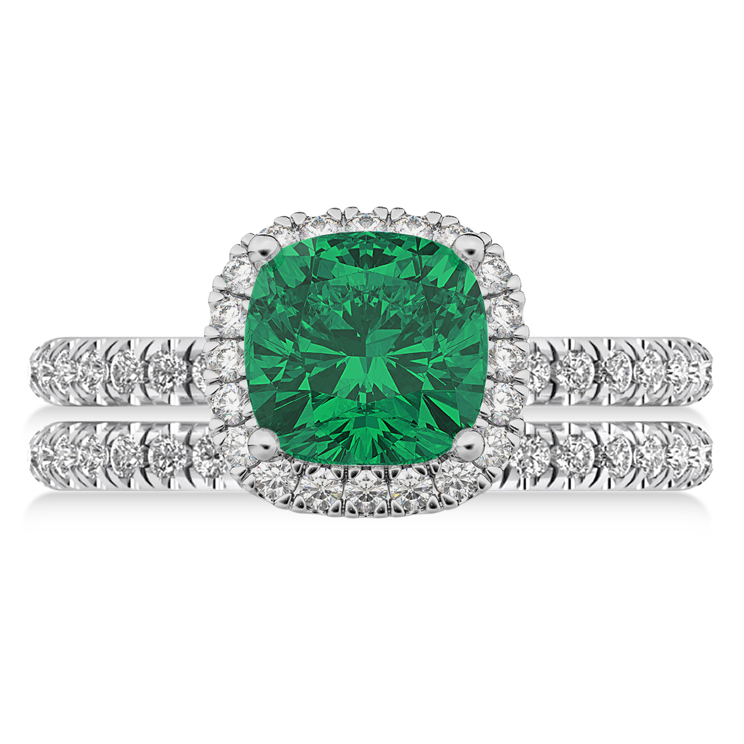 Emerald & Diamonds Cushion-Cut Halo Bridal Set 14K White Gold (3.38ct)