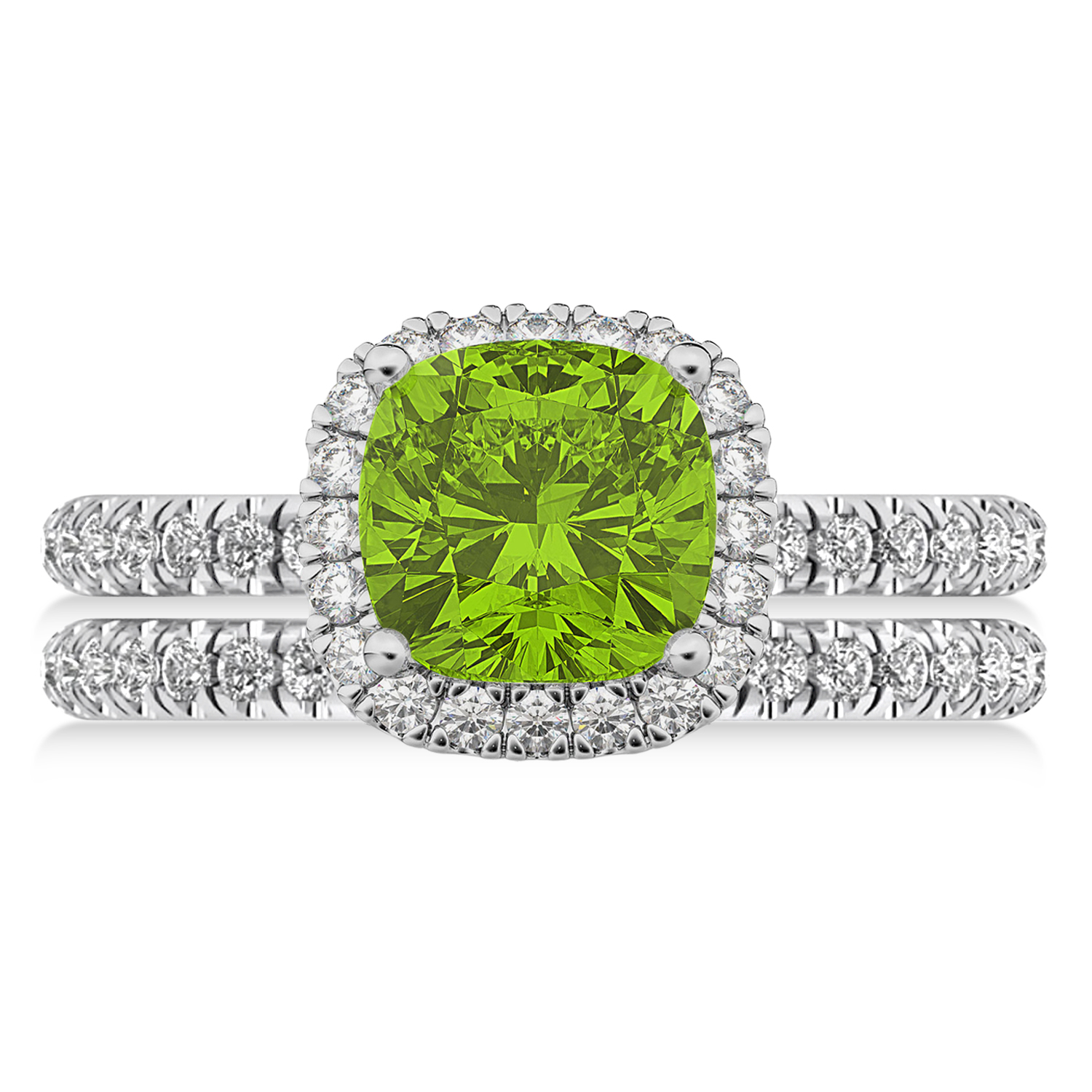 Peridot & Diamonds Cushion-Cut Halo Bridal Set 14K White Gold (3.38ct)