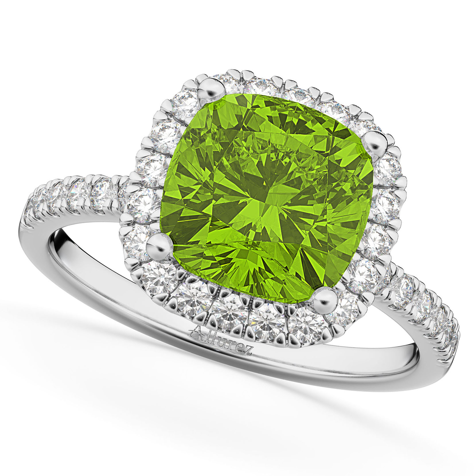 Peridot & Diamonds Cushion-Cut Halo Bridal Set 14K White Gold (3.38ct)