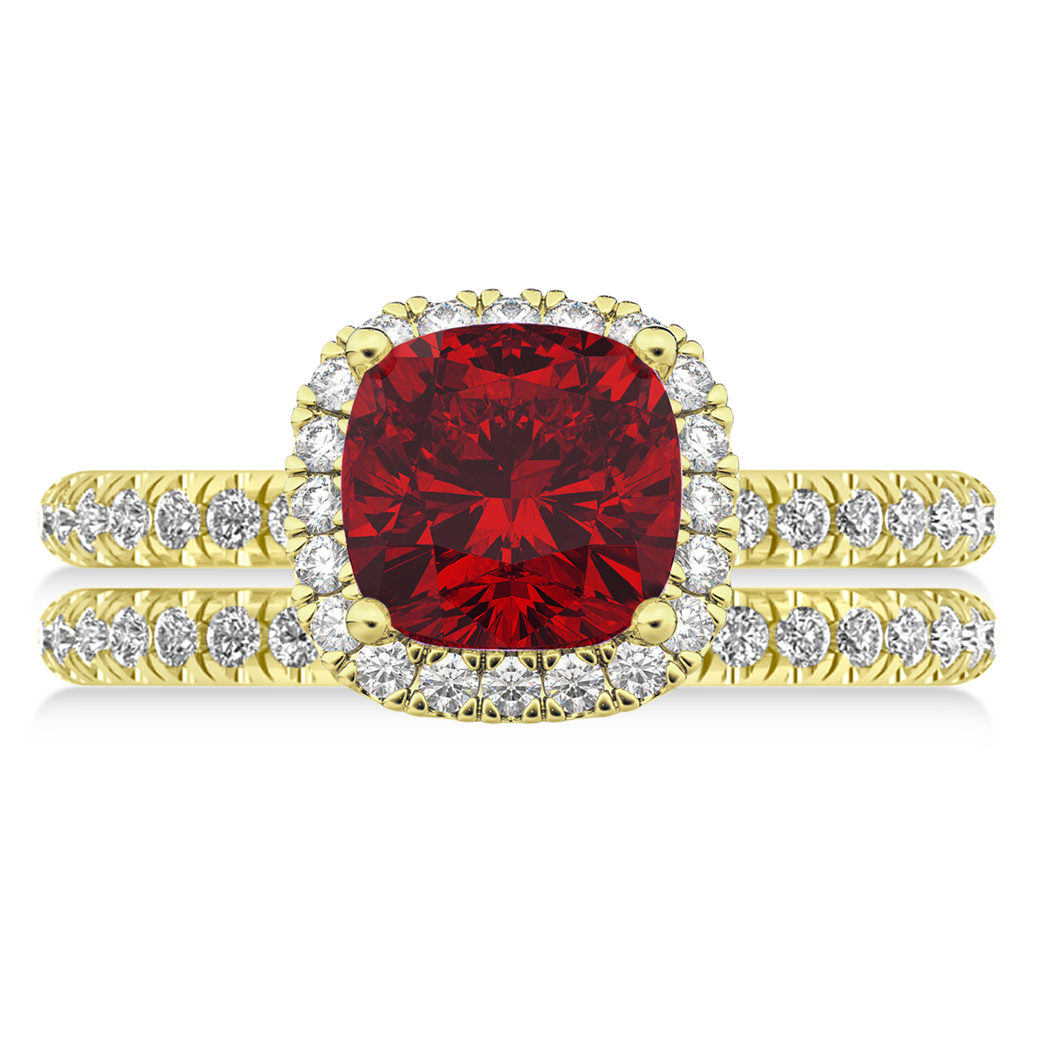 Ruby & Diamonds Cushion-Cut Halo Bridal Set 14K Yellow Gold (3.38ct)