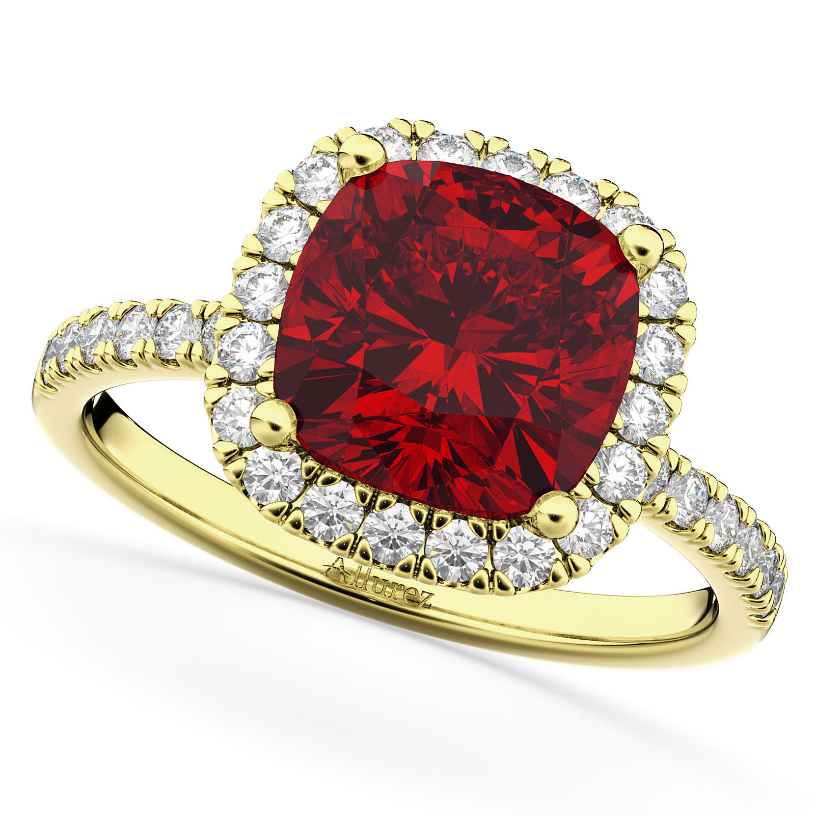 Ruby & Diamonds Cushion-Cut Halo Bridal Set 14K Yellow Gold (3.38ct)