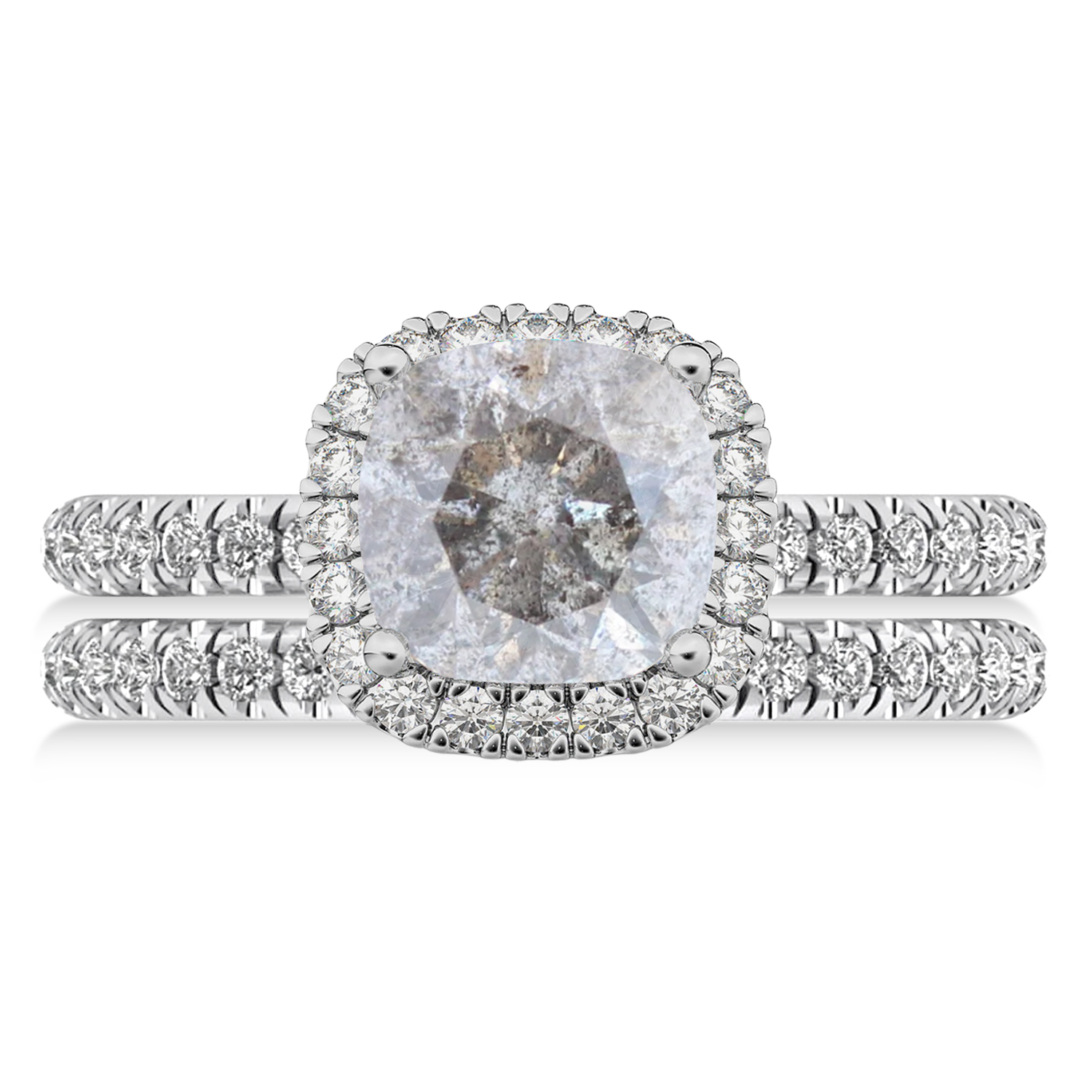 Salt & Pepper & White Diamonds Cushion-Cut Halo Bridal Set 14K White Gold (2.82ct)