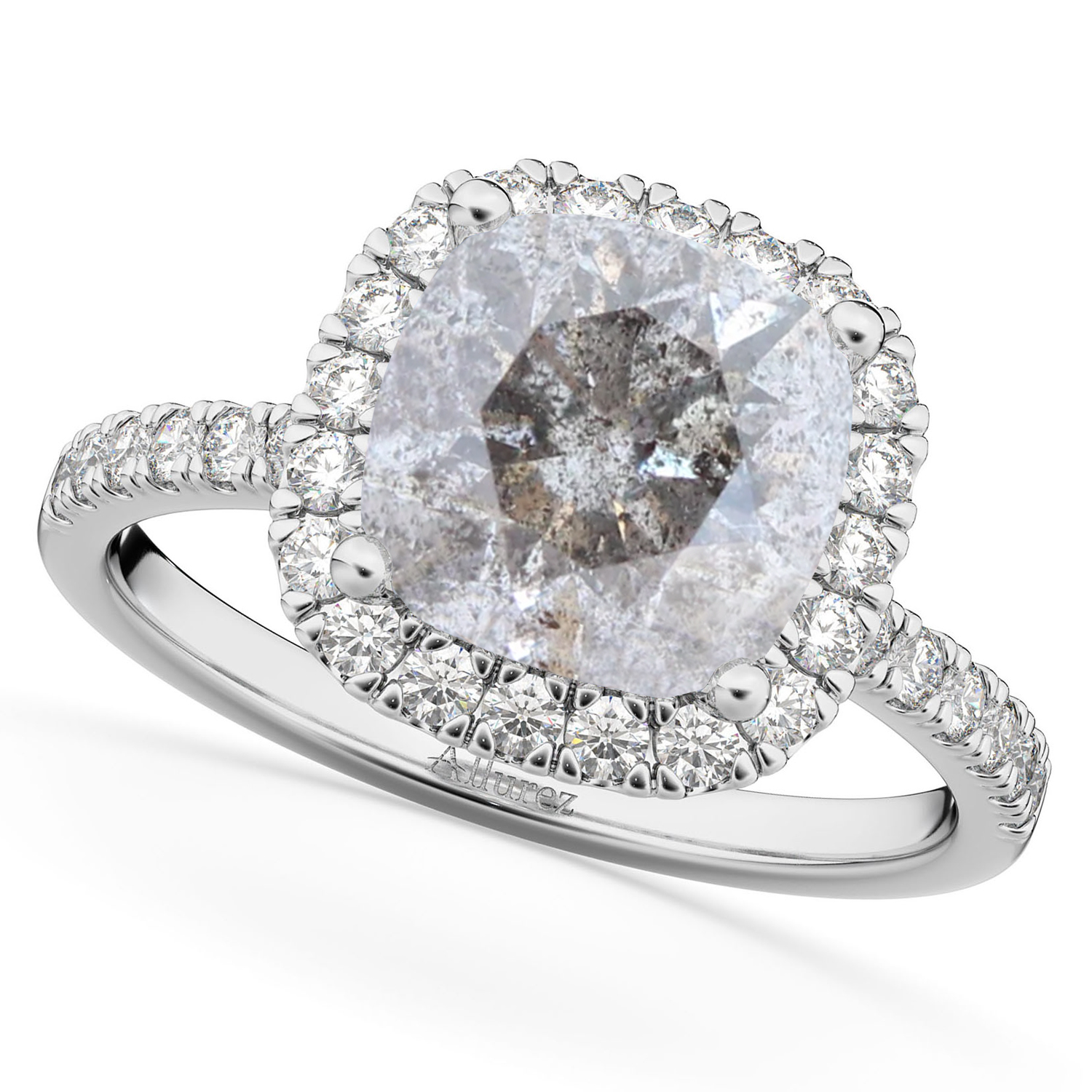 Salt & Pepper & White Diamonds Cushion-Cut Halo Bridal Set 14K White Gold (2.82ct)