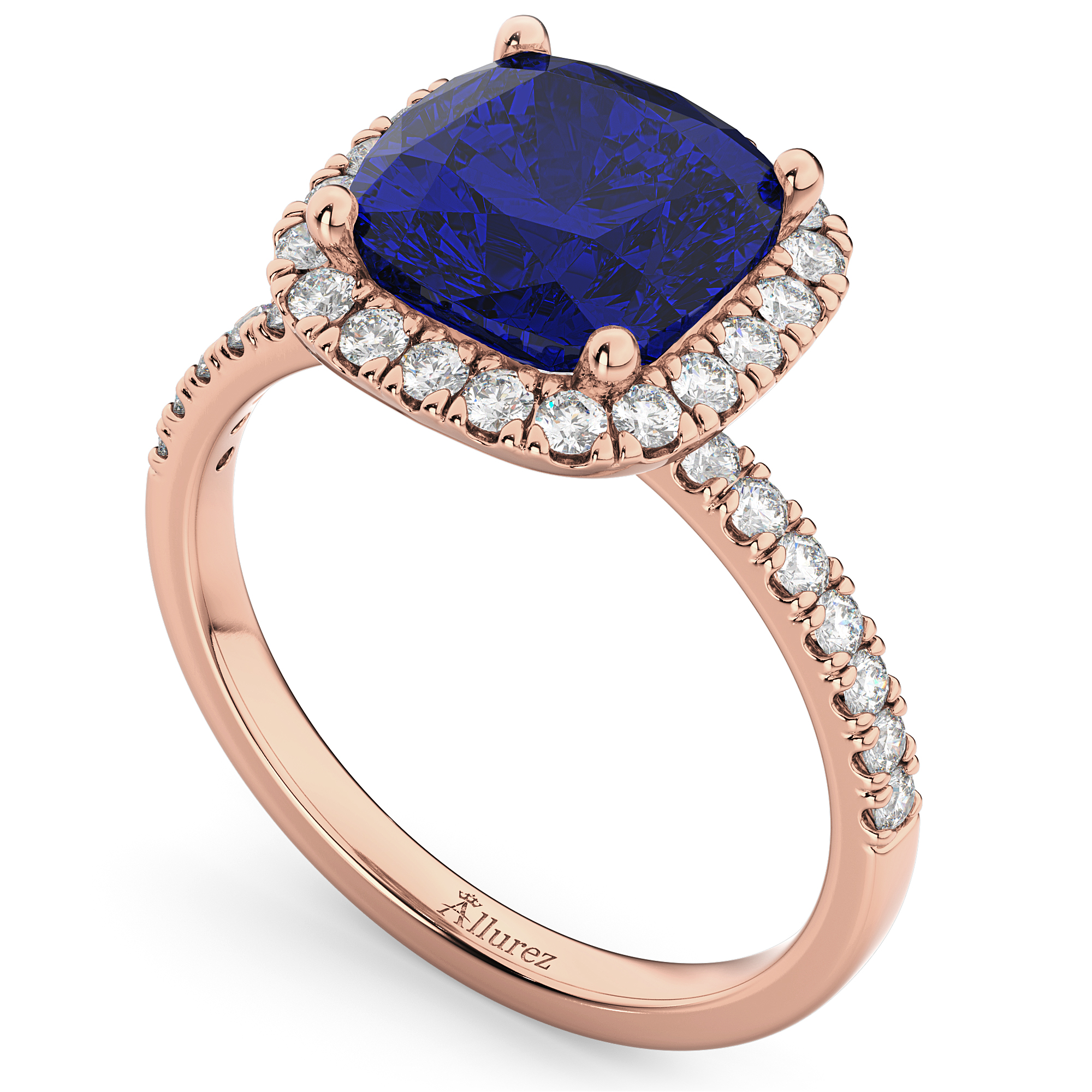 Cushion Cut Halo Lab Blue Sapphire & Lab Diamond Engagement Ring 14k Rose Gold (3.11ct)