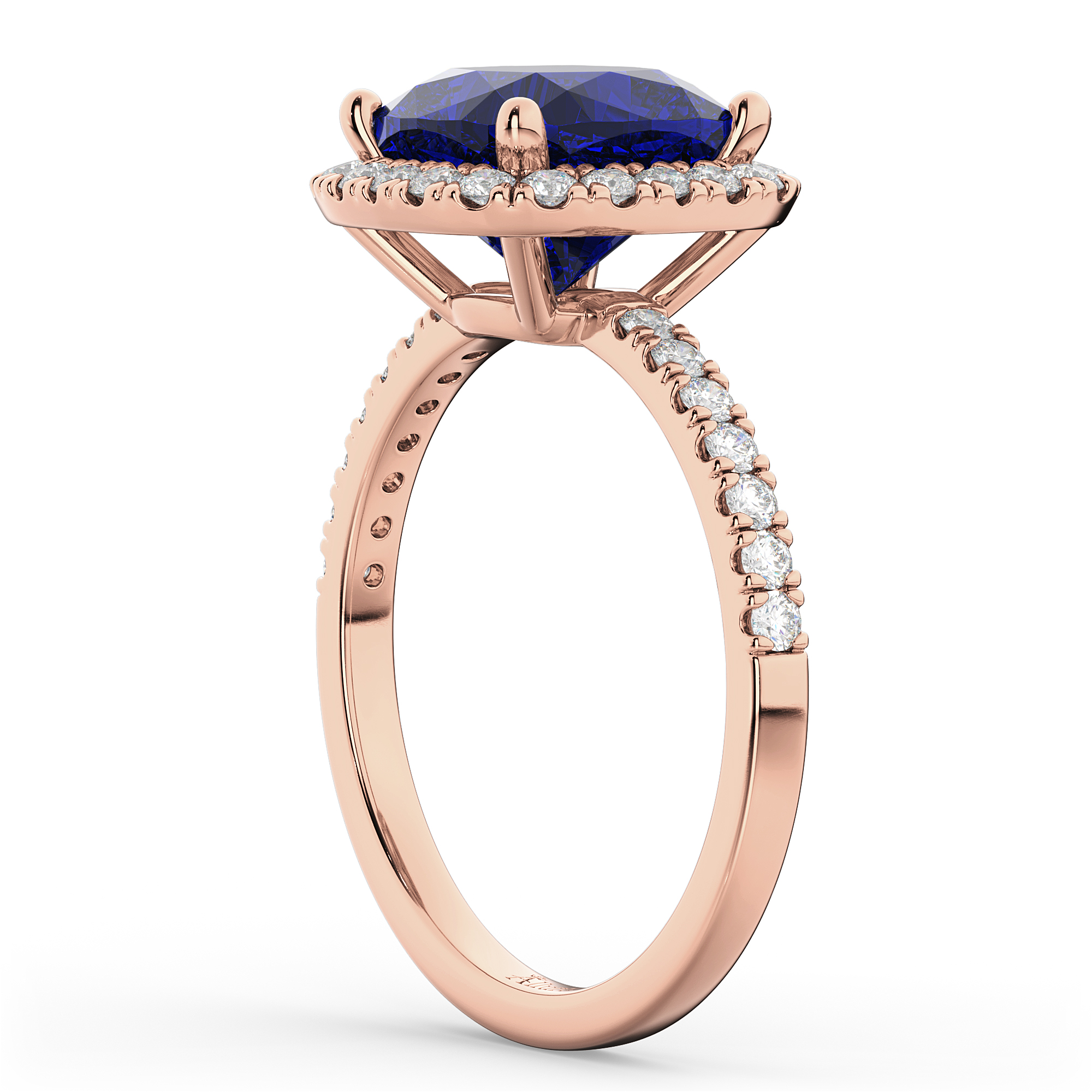 Cushion Cut Halo Blue Sapphire & Diamond Engagement Ring 14k Rose Gold (3.11ct)