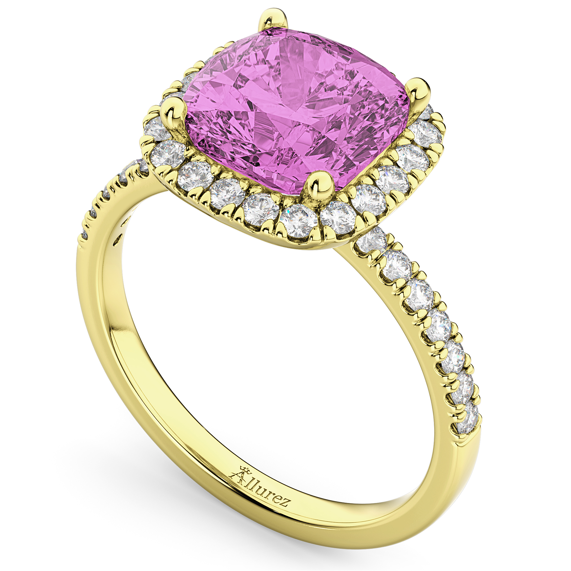 Cushion Cut Halo Pink Sapphire & Diamond Engagement Ring 14k Yellow Gold (3.11ct)