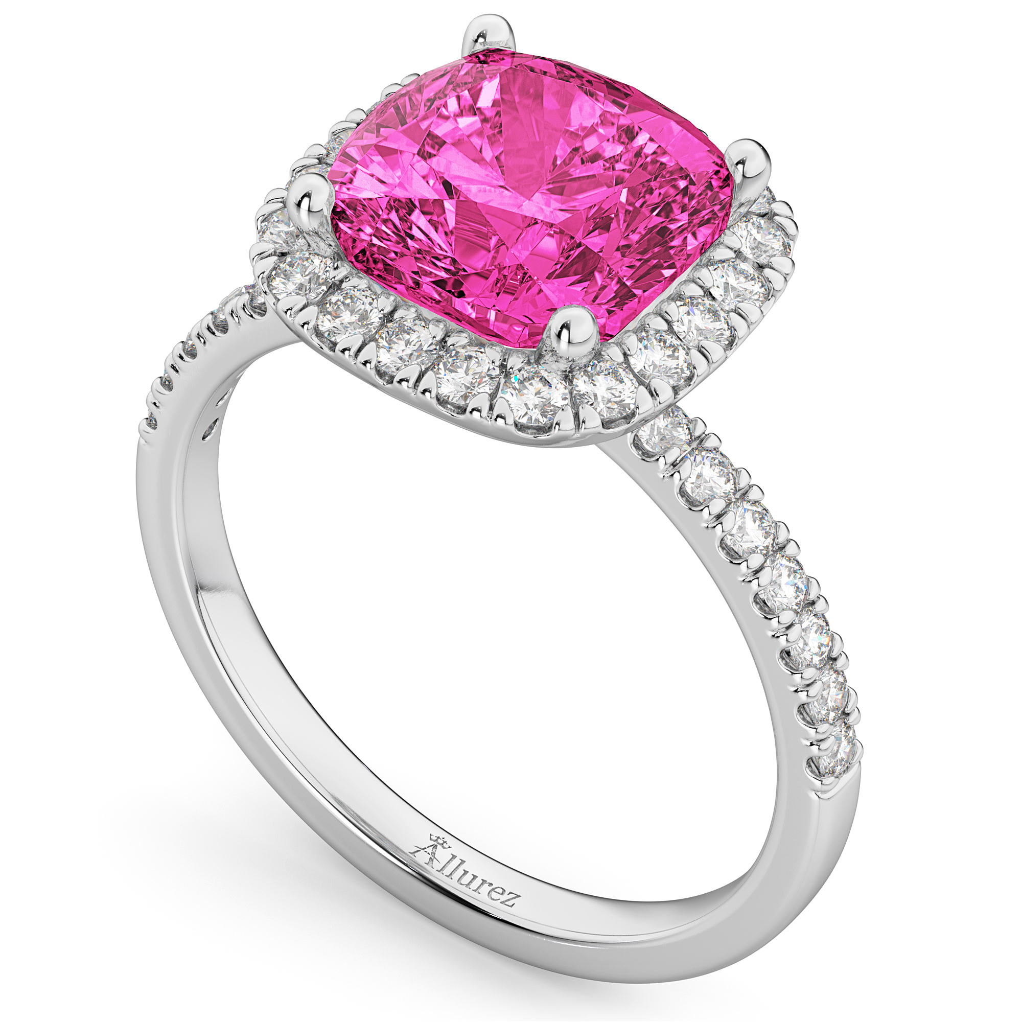 Cushion Cut Halo Pink Tourmaline & Diamond Engagement Ring 14k White Gold (3.11ct)