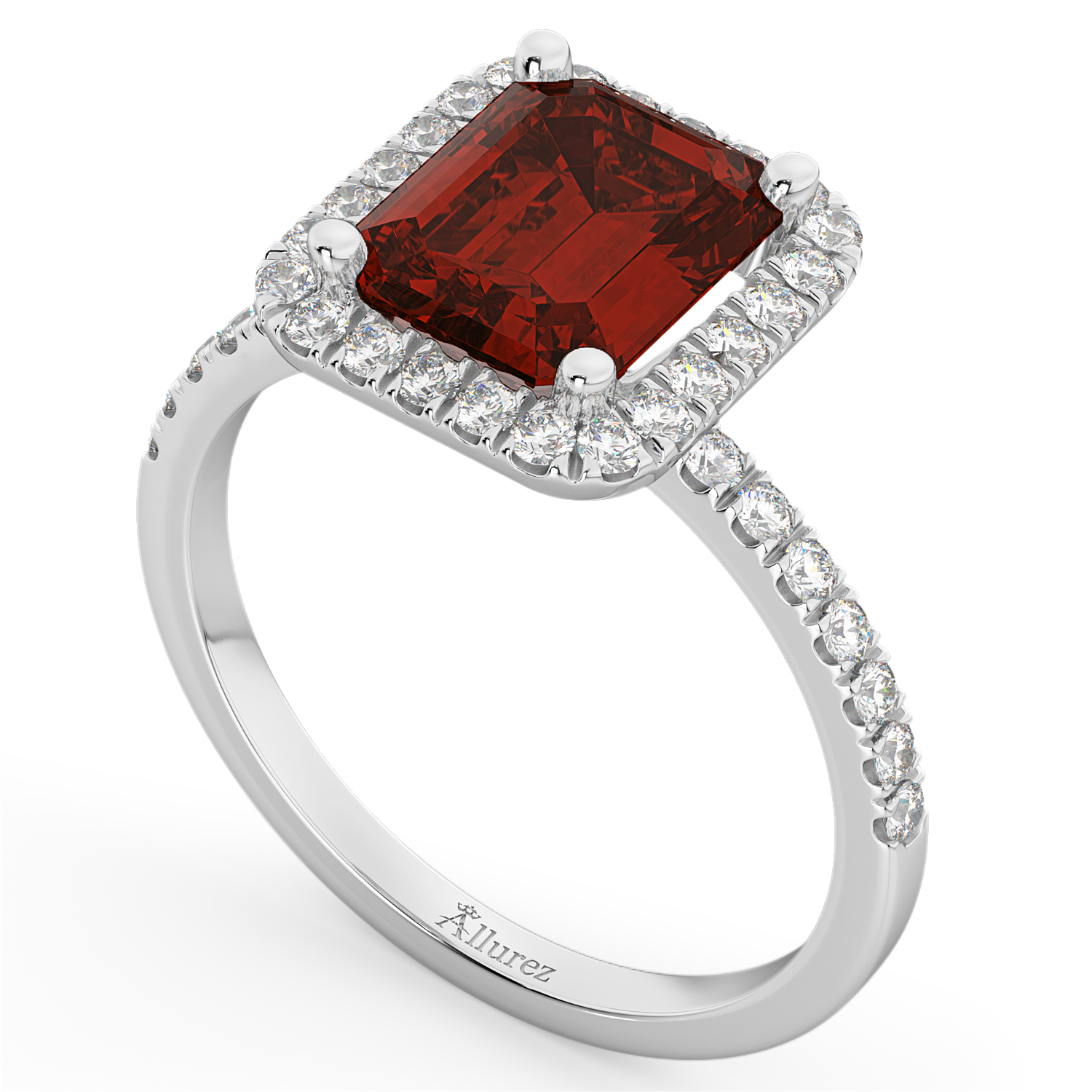 Emerald-Cut Lab Garnet & Diamond Engagement Ring 18k White Gold (3.32ct)