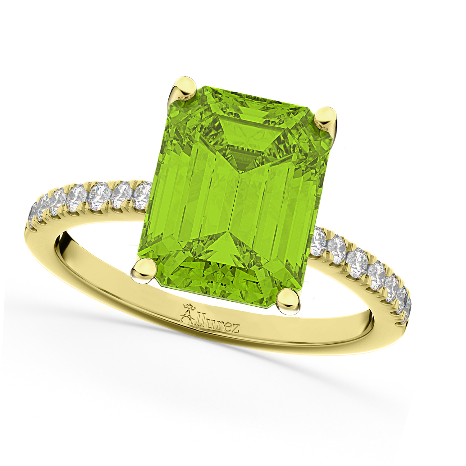 Emerald-Cut Peridot & Diamond Engagement Ring 14k Yellow Gold 2.96ct ...