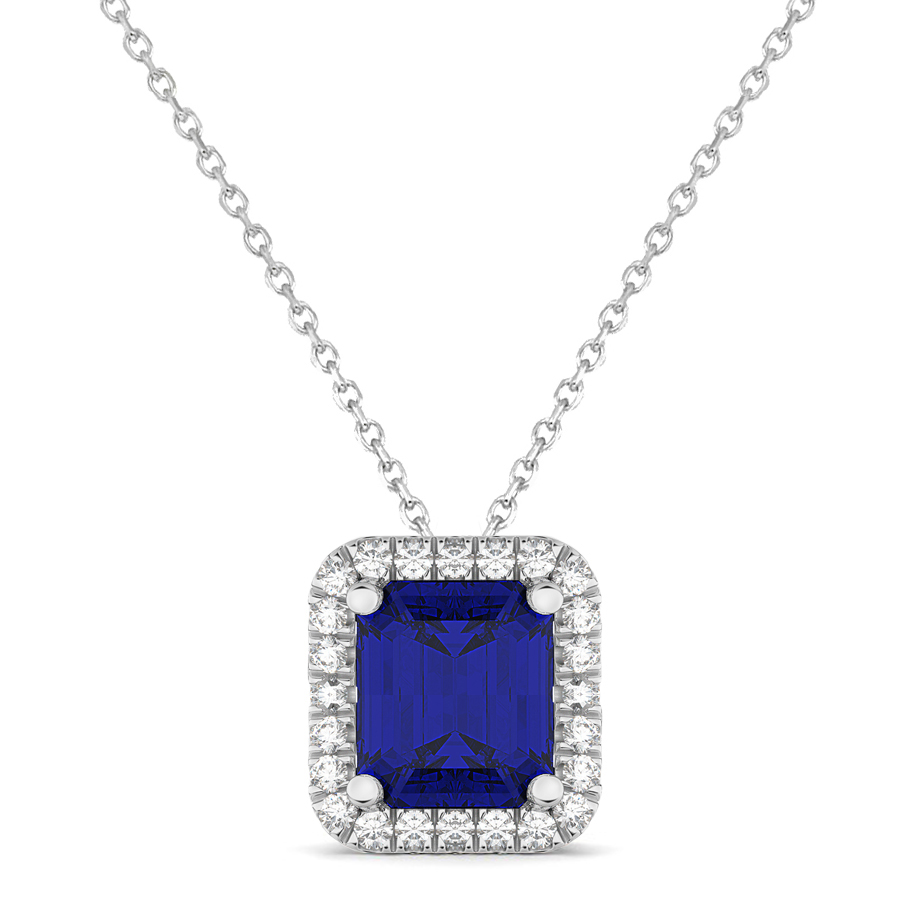 Emerald-Cut Blue Sapphire & Diamond Pendant 14k White Gold (3.11ct)