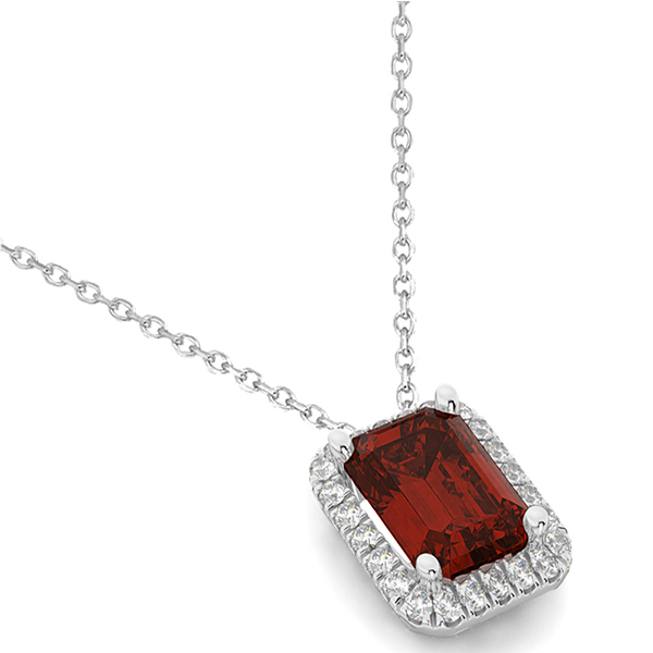 Emerald-Cut Garnet & Diamond Pendant 14k White Gold (3.11ct)