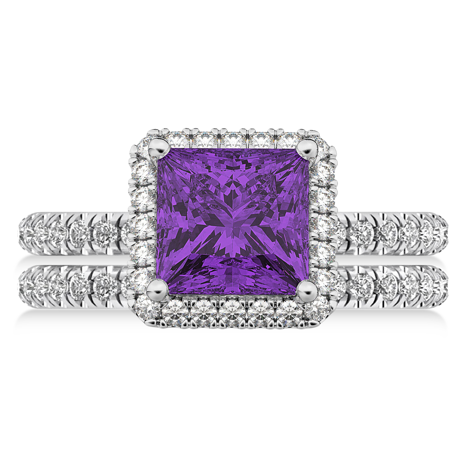 Amethyst & Diamonds Princess-Cut Halo Bridal Set 14K White Gold (3.74ct)