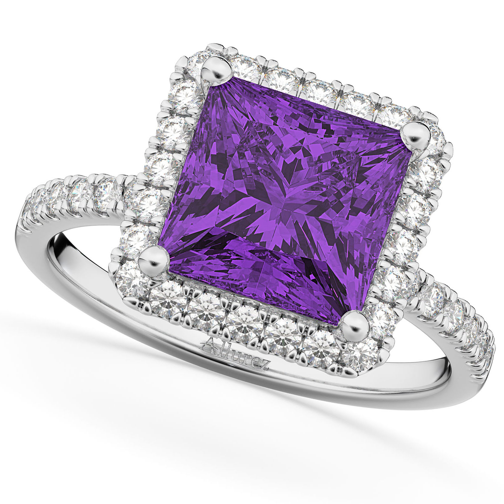 Amethyst & Diamonds Princess-Cut Halo Bridal Set 14K White Gold (3.74ct)