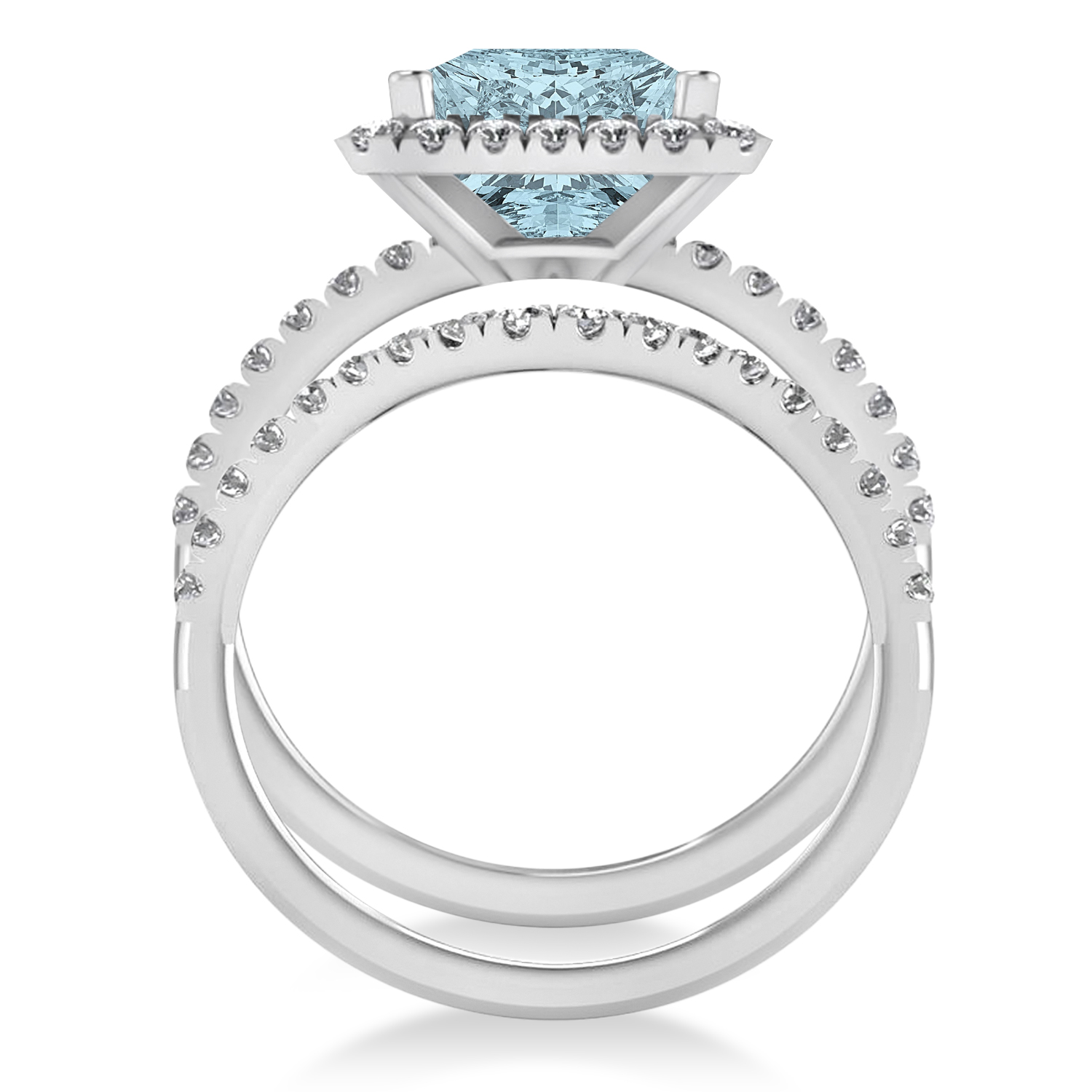 Aquamarine & Diamonds Princess-Cut Halo Bridal Set 14K White Gold (3.74ct)