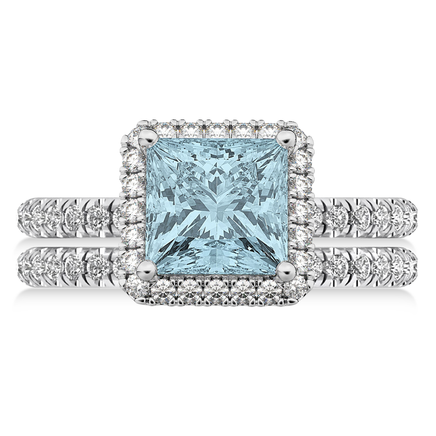 Aquamarine & Diamonds Princess-Cut Halo Bridal Set 14K White Gold (3.74ct)