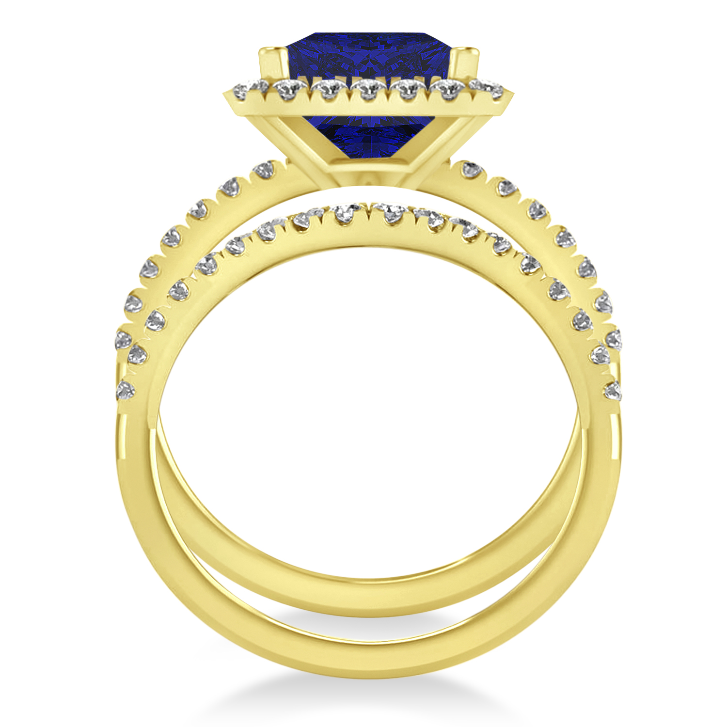 Blue Sapphire & Diamonds Princess-Cut Halo Bridal Set 14K Yellow Gold (3.74ct)