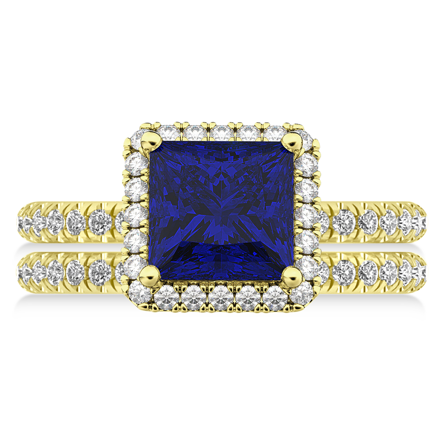 Blue Sapphire & Diamonds Princess-Cut Halo Bridal Set 14K Yellow Gold (3.74ct)