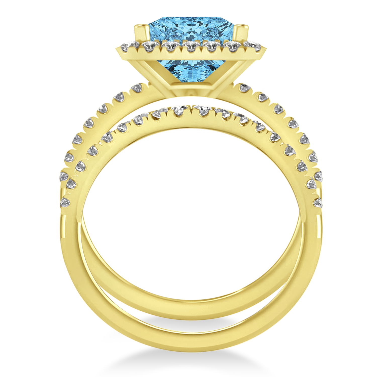 Blue Topaz & Diamonds Princess-Cut Halo Bridal Set 14K Yellow Gold (3.74ct)