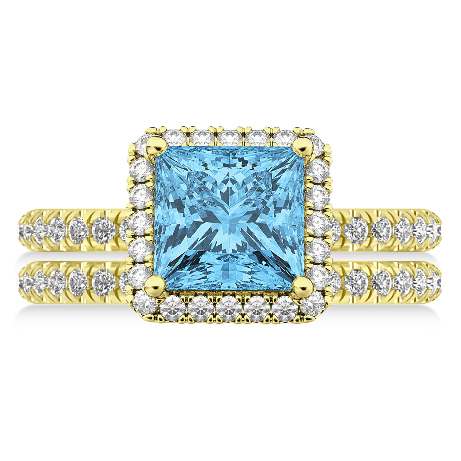 Blue Topaz & Diamonds Princess-Cut Halo Bridal Set 14K Yellow Gold (3.74ct)