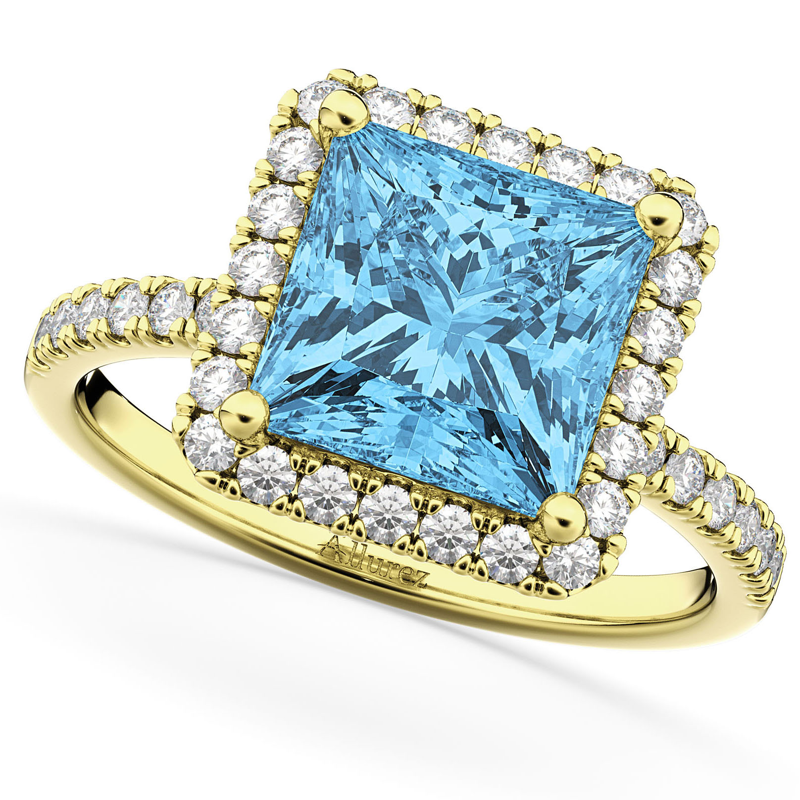 Blue Topaz & Diamonds Princess-Cut Halo Bridal Set 14K Yellow Gold (3.74ct)