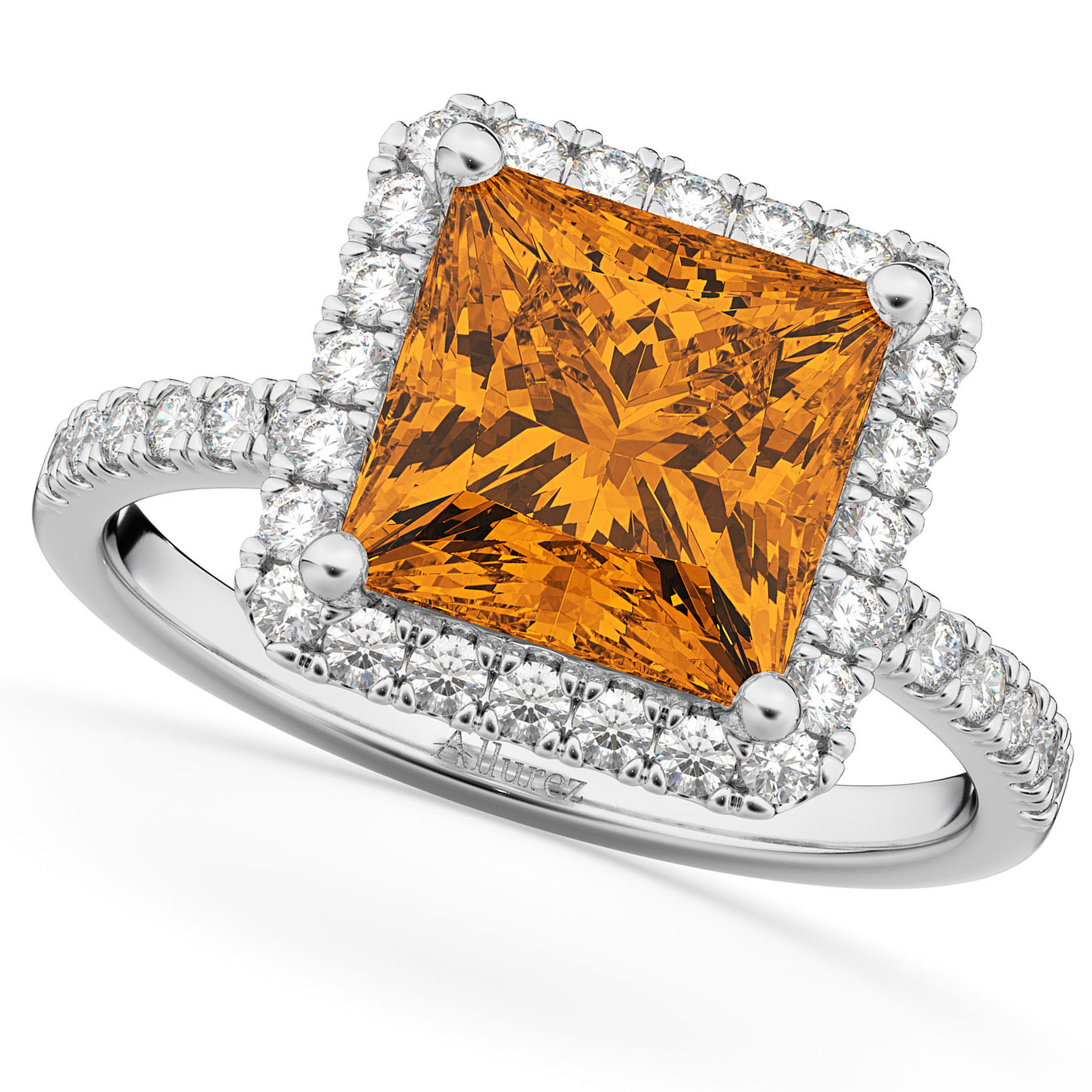 Citrine & Diamonds Princess-Cut Halo Bridal Set 14K White Gold (3.74ct)