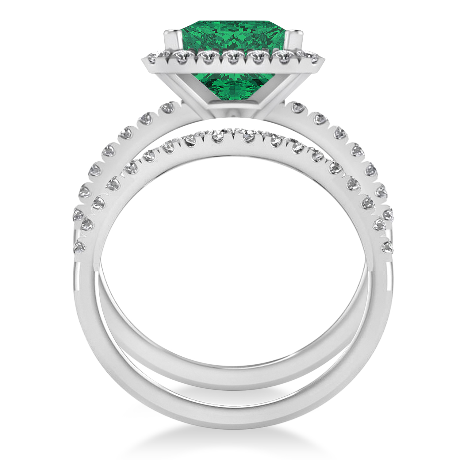 Emerald & Diamonds Princess-Cut Halo Bridal Set 14K White Gold (3.84ct)