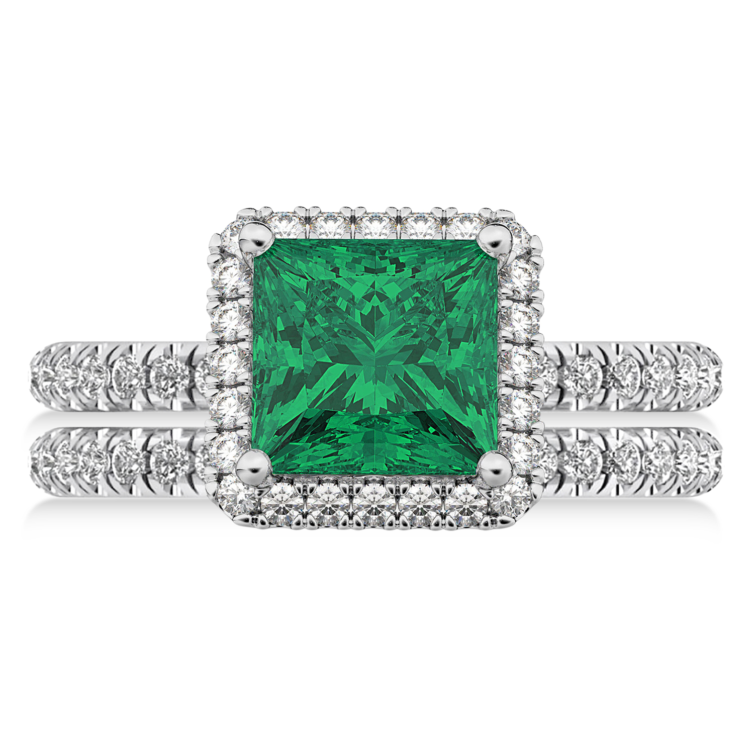 Emerald & Diamonds Princess-Cut Halo Bridal Set 14K White Gold (3.84ct)