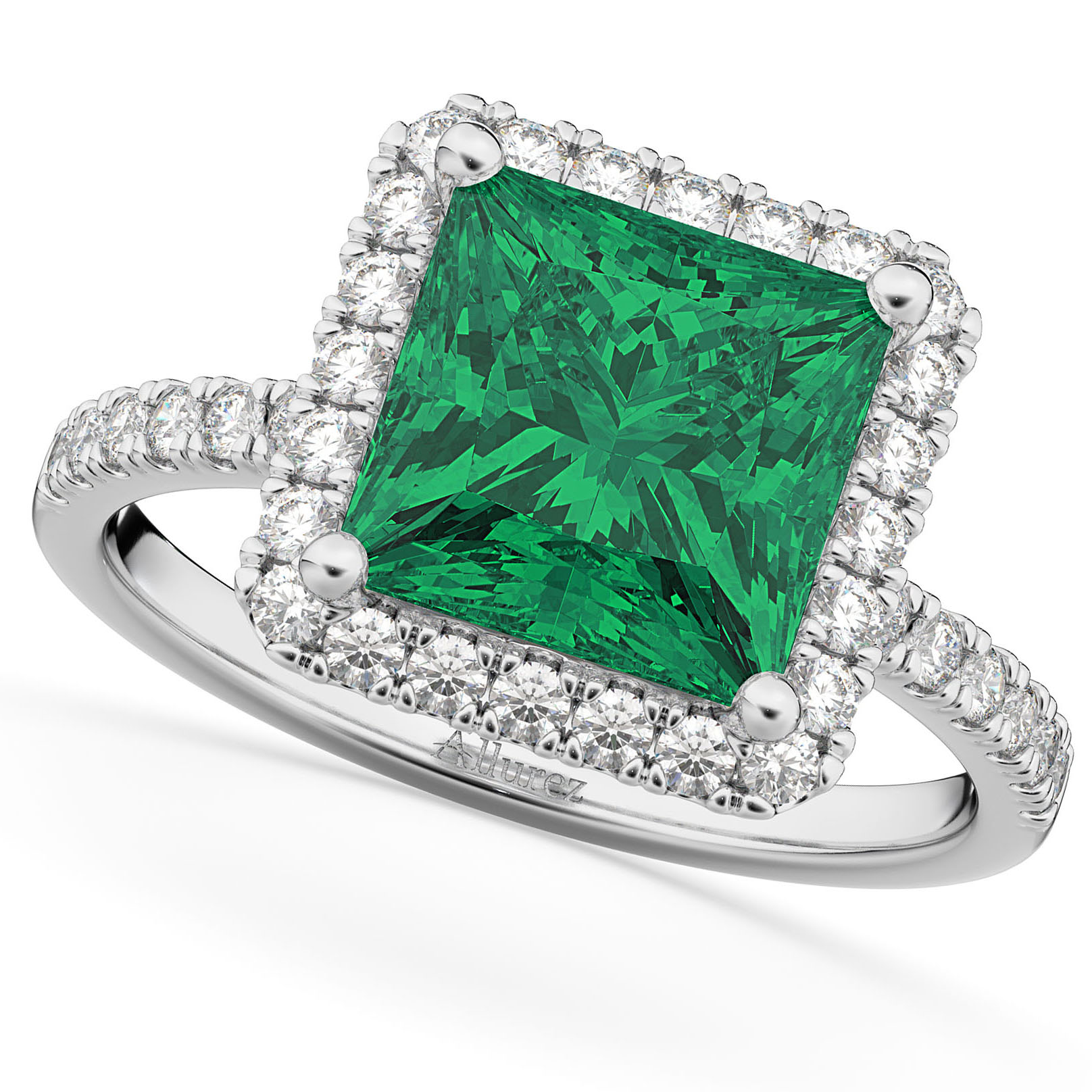 Emerald & Diamonds Princess-Cut Halo Bridal Set 14K White Gold (3.84ct)