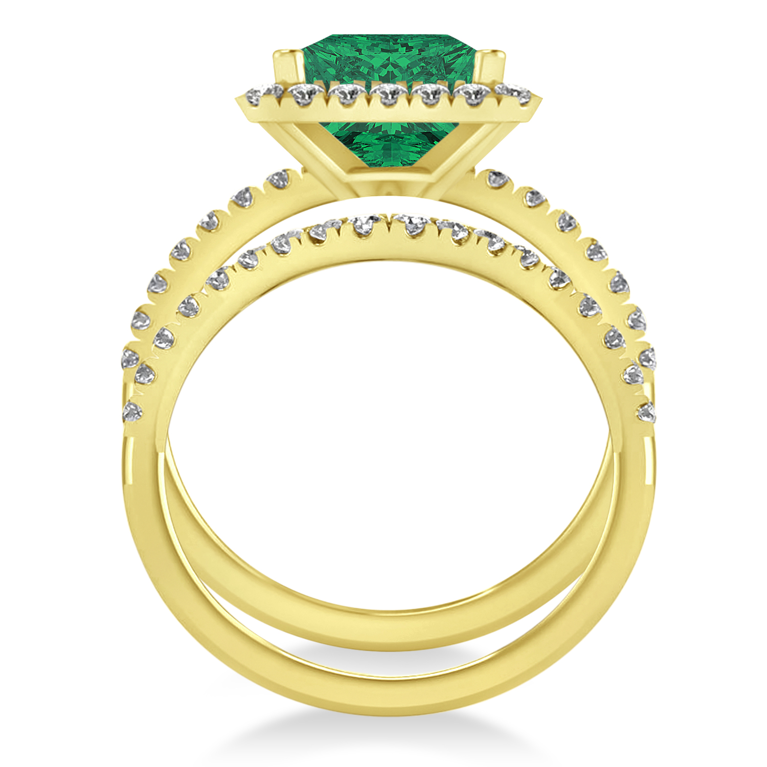 Emerald & Diamonds Princess-Cut Halo Bridal Set 14K Yellow Gold (3.84ct)
