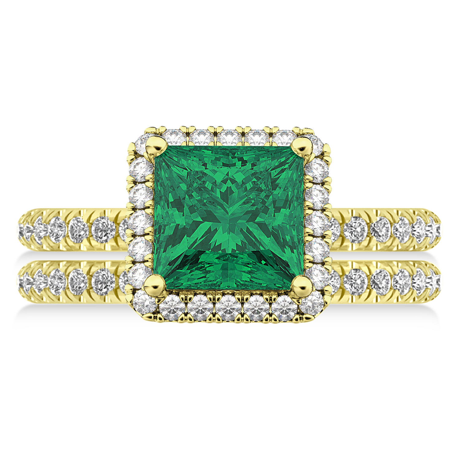 Emerald & Diamonds Princess-Cut Halo Bridal Set 14K Yellow Gold (3.84ct)