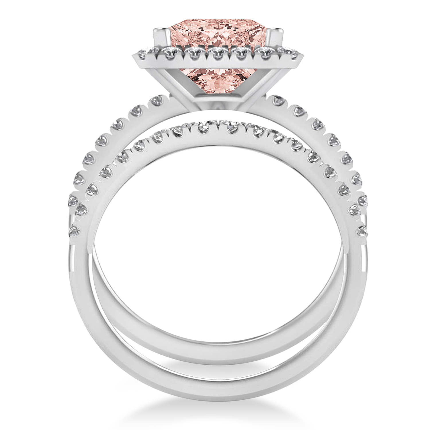 Morganite & Diamonds Princess-Cut Halo Bridal Set 14K White Gold (3.74ct)