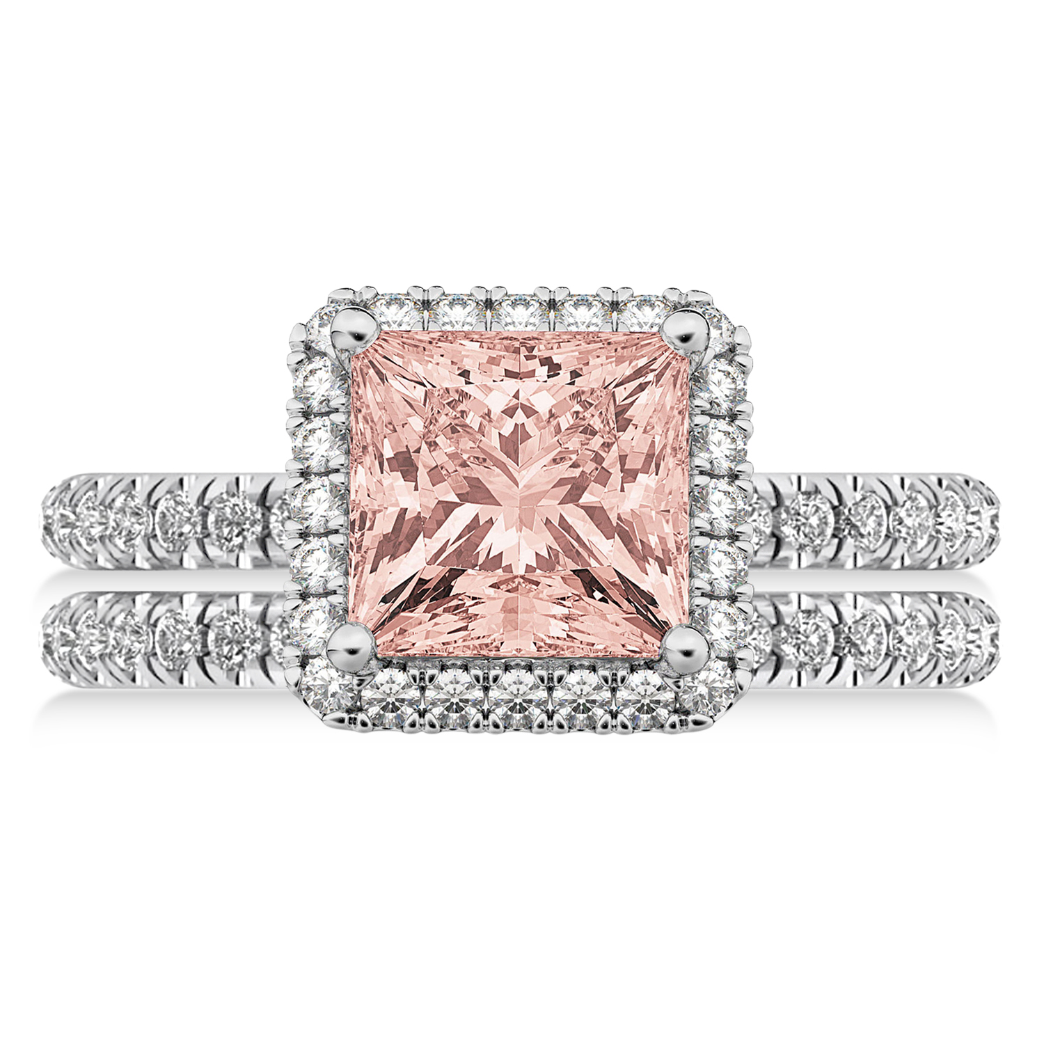 Morganite & Diamonds Princess-Cut Halo Bridal Set 14K White Gold (3.74ct)
