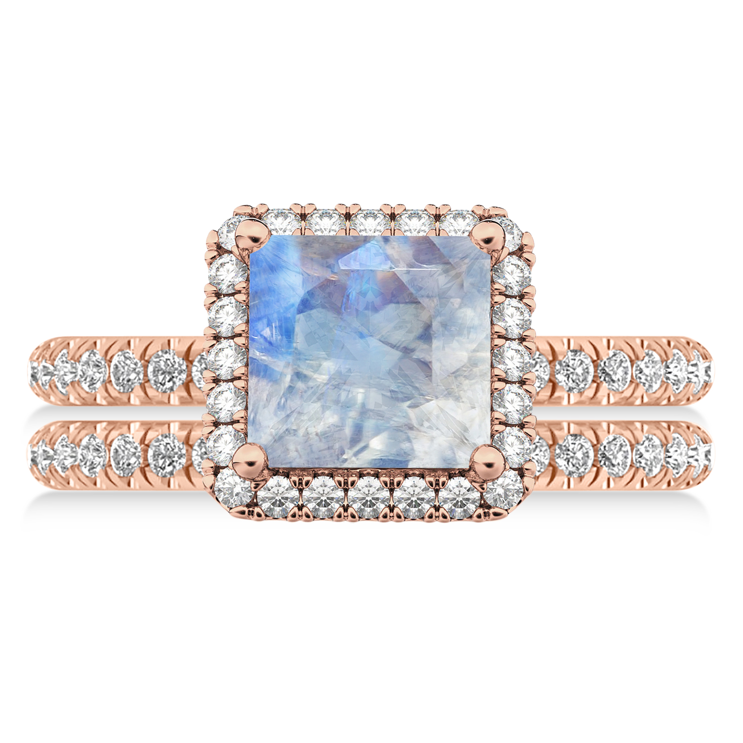 Moonstone & Diamonds Princess-Cut Halo Bridal Set 14K Rose Gold (3.74ct)