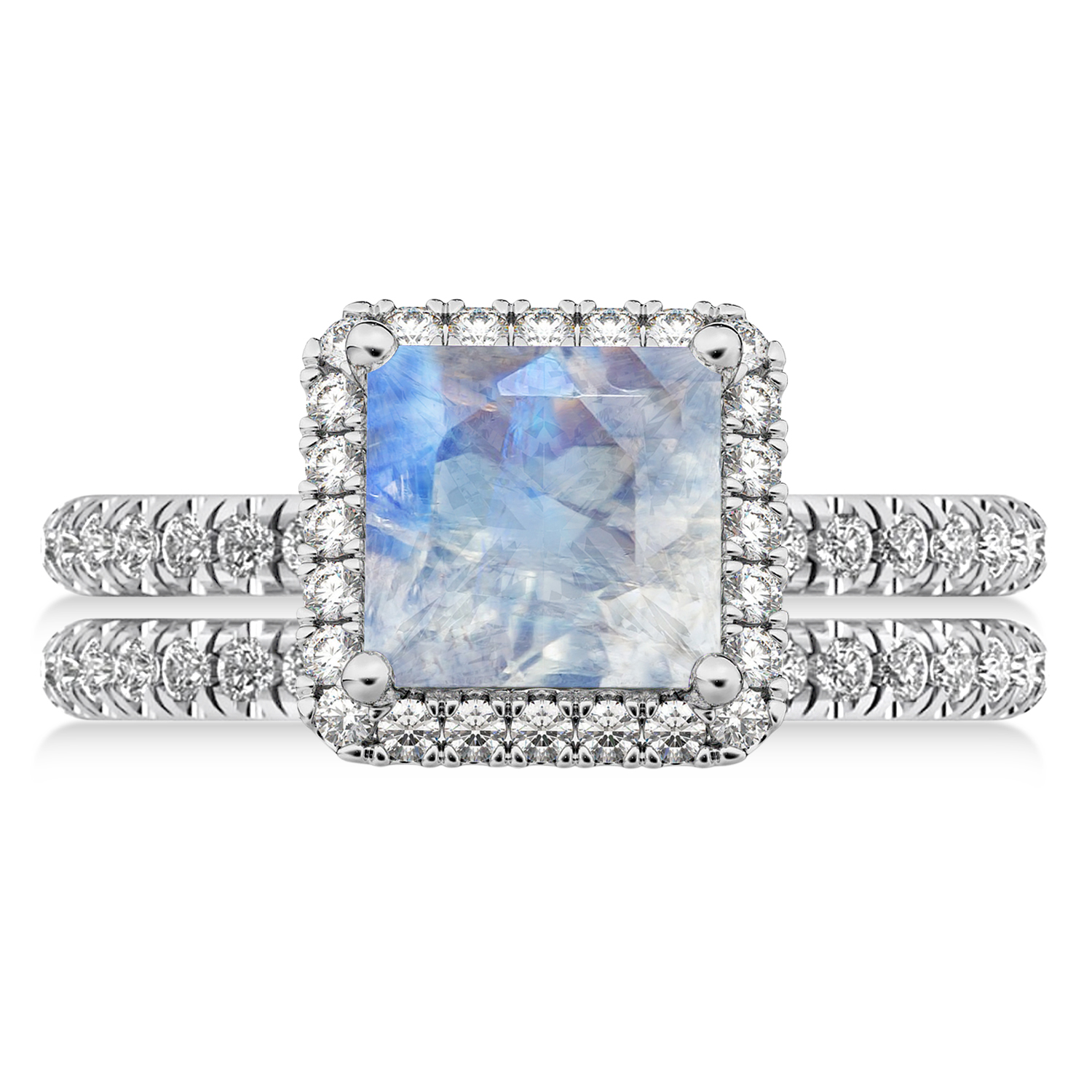 Moonstone & Diamonds Princess-Cut Halo Bridal Set 14K White Gold (3.74ct)