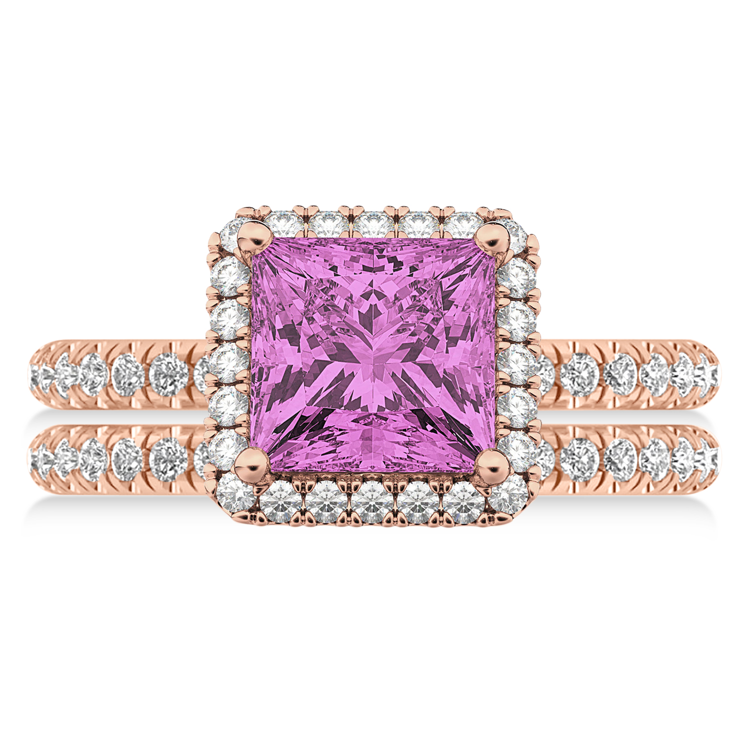 Pink Sapphire & Diamonds Princess-Cut Halo Bridal Set 14K Rose Gold (3.74ct)