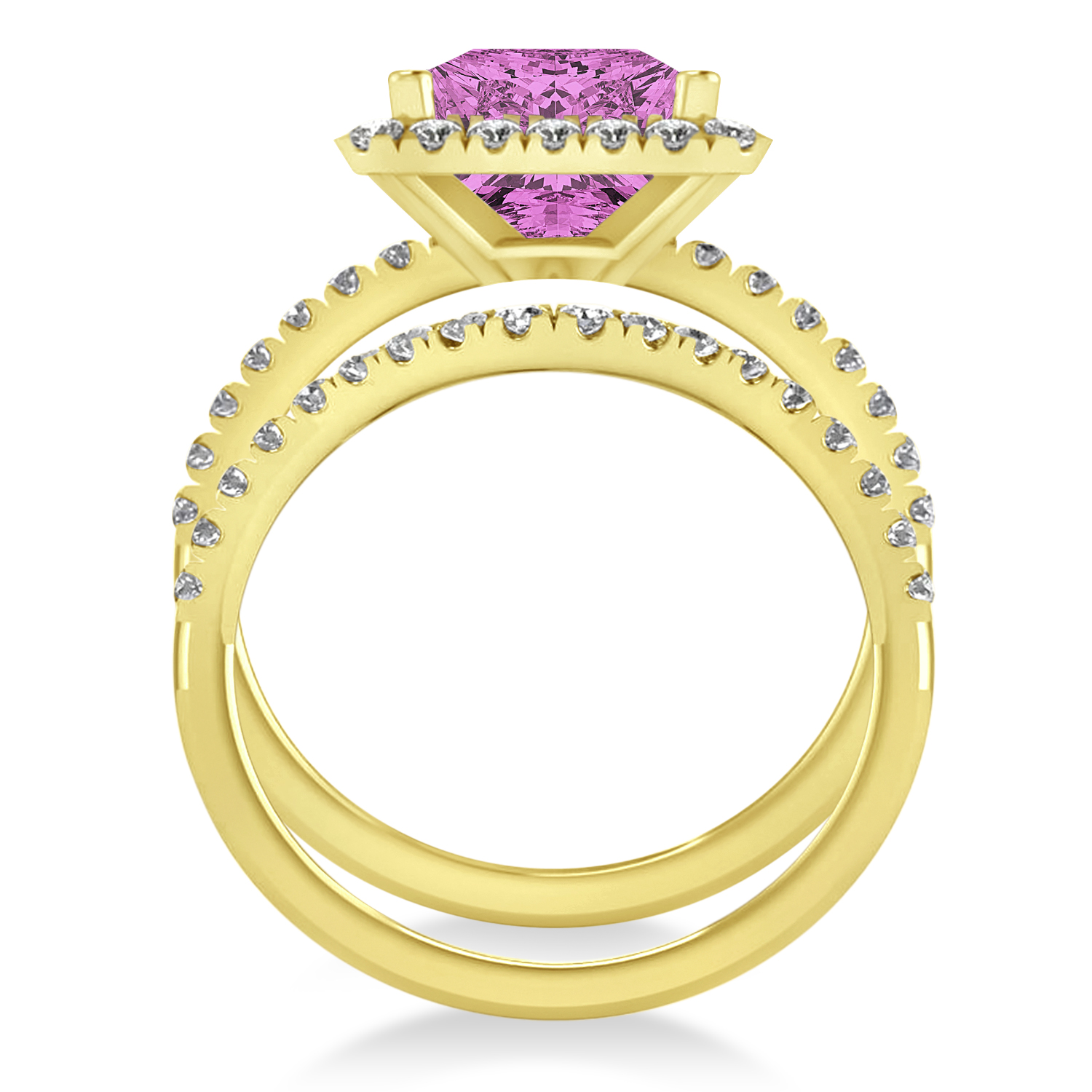 Pink Sapphire & Diamonds Princess-Cut Halo Bridal Set 14K Yellow Gold (3.74ct)