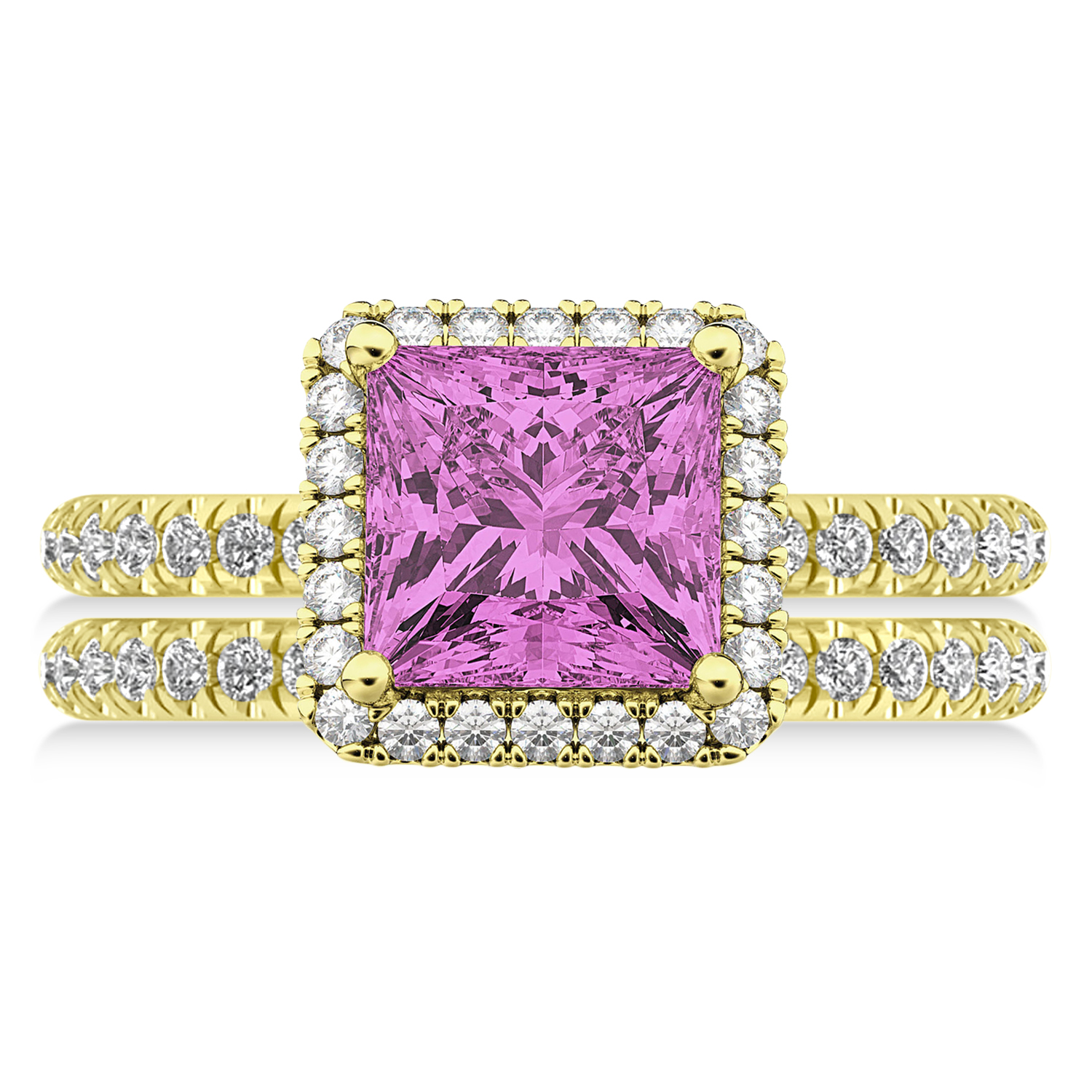 Pink Sapphire & Diamonds Princess-Cut Halo Bridal Set 14K Yellow Gold (3.74ct)